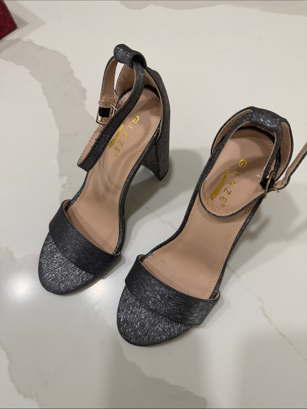 Glaze Metallic Charcoal Ankle-Strap Block Heels